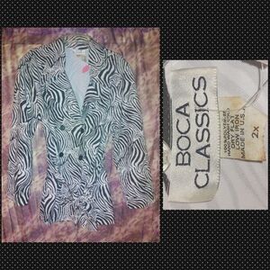Boca Classics Blk & Wht Zebra Print Long Stretch Soft Knit Blazer Jrs Plus Sz 2X
